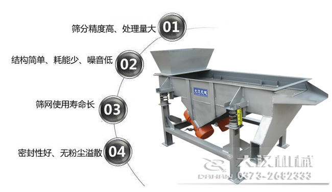 1016型直線振動篩特點：1，篩分精度高，處理量大。2，結(jié)構(gòu)簡單，耗能少，噪音低，3，篩網(wǎng)使用壽命長，密封性好無粉塵溢散。