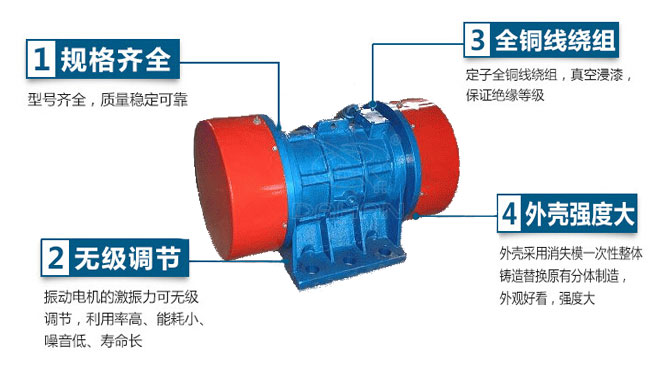 VB振動(dòng)電機(jī)特點(diǎn)：1，規(guī)格齊全：型號(hào)齊全，質(zhì)量穩(wěn)定可靠。2，無極調(diào)節(jié)：振動(dòng)電機(jī)的激振力可無極調(diào)節(jié)，利用率高，能耗小，噪音低，壽命長。4，外殼輕度大：外殼采用消失模一次性整體鑄造替換原有分體制造，外觀好看，強(qiáng)度大。