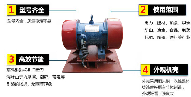 lzf倉壁振動器：1，型號齊全：型號齊全，質(zhì)量穩(wěn)定可靠。2，適用范圍：電力，建材，糧食，煤炭，礦山，冶金，食品，制藥，化肥，陶瓷，磨料等行業(yè)。3，高效：靠高頻振動和沖擊力消除由于內(nèi)摩擦，潮解，帶電等引起的塔供，堵塞等現(xiàn)象。4，外觀機殼：外殼采用消失模一次性整體鑄造替換原有分體制造，外觀好看，強度大。