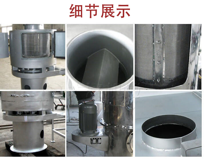 氣流篩主要結構展示：篩網(wǎng)，底座，電機，進料口展示。