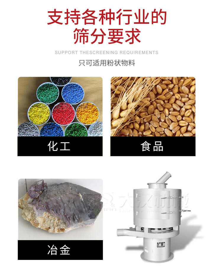 氣流篩用于礦粉，石墨粉，活性納米碳酸鈣，鋁灰，大豆粉，碳酸重鈣，石墨粉，木粉，干草，重金石粉，藥粉末，橡膠顆粒，草酸鹽，干料粉，木粉，聚酯粉，干粉，塑料，金屬粉末，橡膠粉，粉煤灰，石墨粉，陶瓷粉，鋅粉，石英粉，石灰粉，鐵粉，金屬硅粉等。