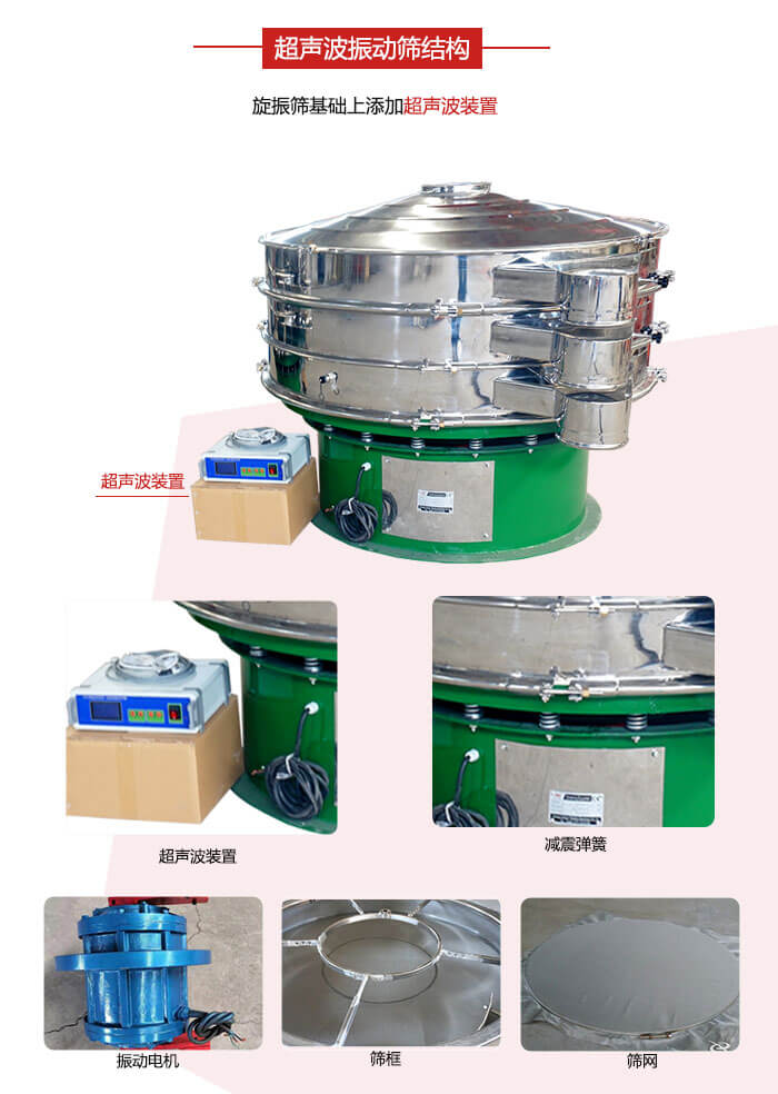 圓篩機(jī)內(nèi)部結(jié)構(gòu)：主要由振動(dòng)電機(jī)、篩框、篩網(wǎng)、超聲波系統(tǒng)、減震彈簧等展示圖
