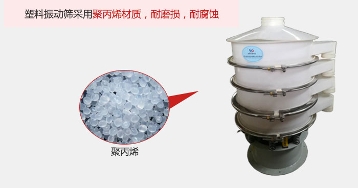 塑料振動(dòng)篩主要采用塑料材質(zhì)，多用與有一定腐蝕性和與金屬有一定反應(yīng)的物料使用。