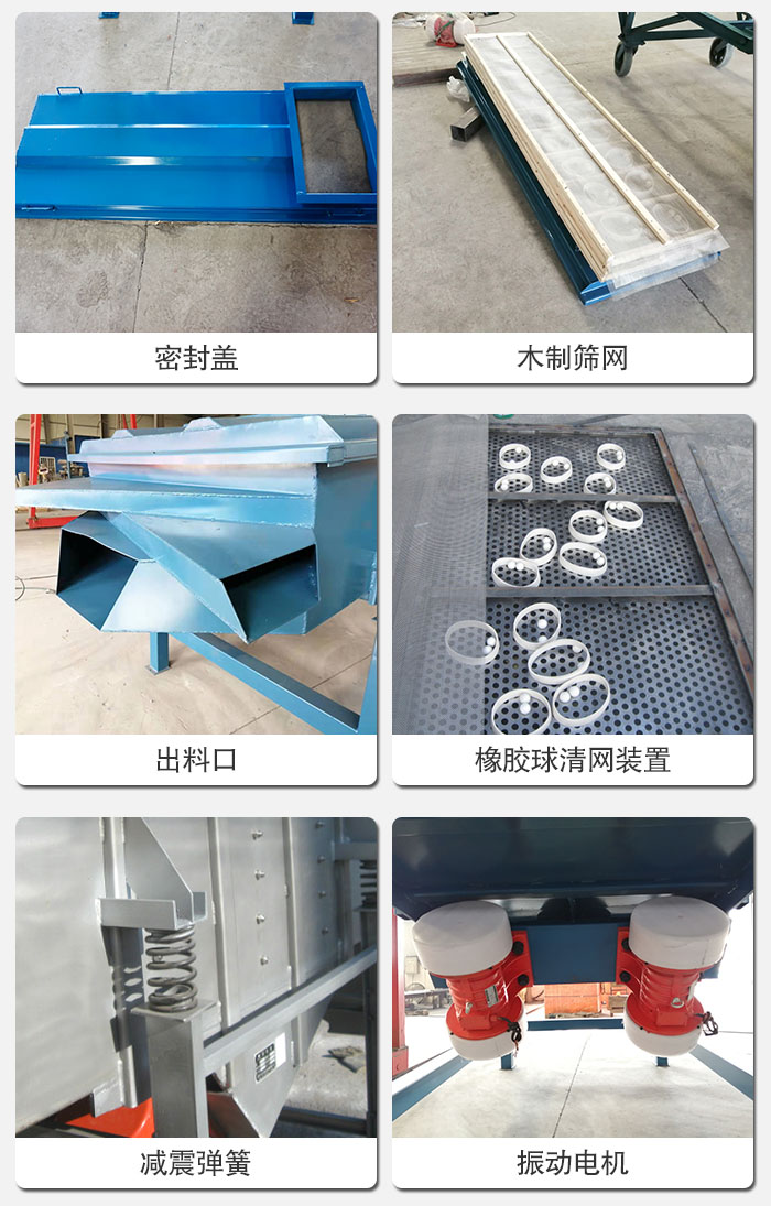 直線篩結(jié)構(gòu)展示：篩網(wǎng)，篩箱，振動電機(jī)，振動電機(jī)座，減震彈簧，支架等部件展示圖