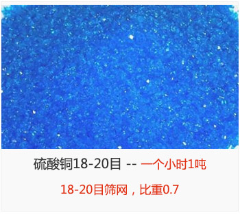 篩分18-20目的硫酸銅 產(chǎn)量一個(gè)小時(shí)1噸，采用18-20目篩網(wǎng)，比重0.7