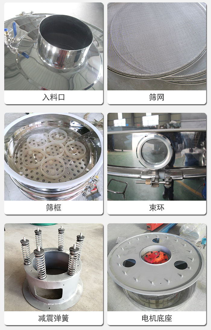 醫(yī)藥振動(dòng)篩有電機(jī)底座，減震彈簧，束環(huán)，篩框，入料口，篩網(wǎng)等部件展示。