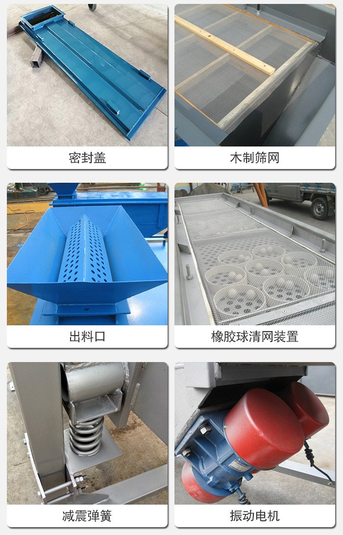 直線篩分機的結(jié)構(gòu)展示圖：篩箱是物料主要篩分設(shè)備之一，篩網(wǎng)用于篩分物料，振動電機幫助篩網(wǎng)篩分。