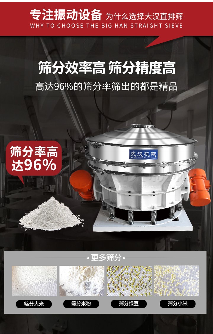 直排篩適用物料有面粉，淀粉，洗衣粉，金屬粉，添加劑，化工，非礦等行業(yè)。