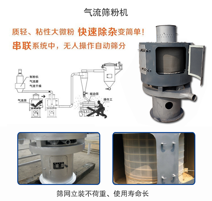 氣流篩粉機(jī)適用：質(zhì)輕，粘性大微粉采用串聯(lián)系統(tǒng)重，無人操作自動(dòng)篩分 特點(diǎn)：篩網(wǎng)立裝不負(fù)重，使用壽命長(zhǎng)。