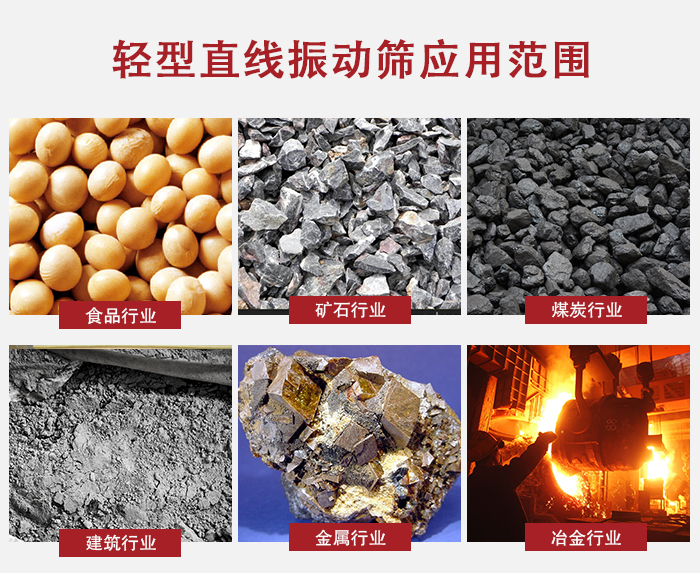 輕型直線振動篩應用范圍較廣多使用與顆粒狀，粉狀以及其它重型行業(yè)的輸送。