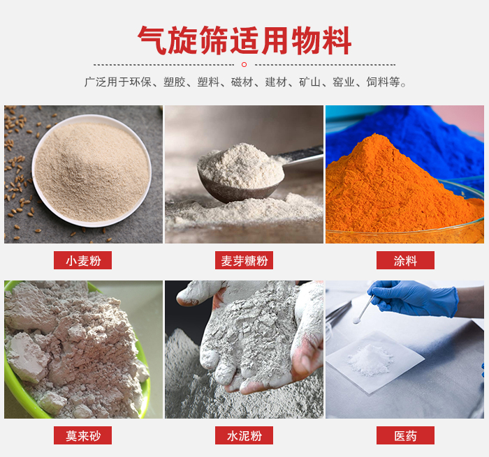 氣旋篩適用物料：小麥粉，麥芽糖粉，涂料，等粉狀物料。