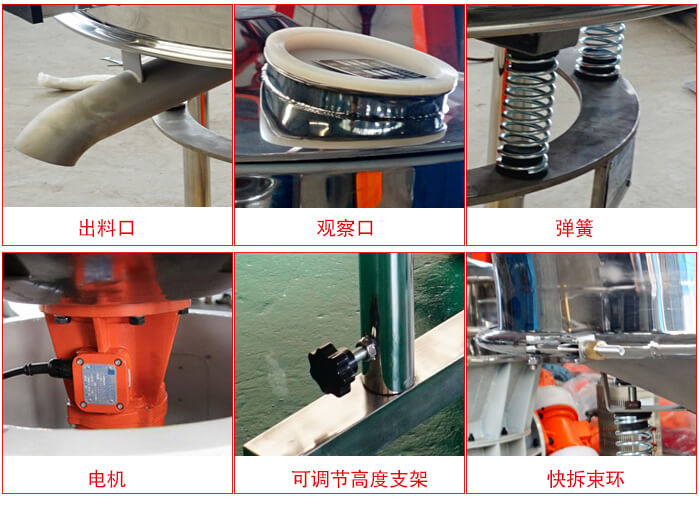 高頻篩細(xì)節(jié)展示：出料口，觀察口，彈簧，電機(jī)，可調(diào)節(jié)高度支架，快拆束環(huán)。